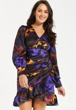 Women's Mini Dress with Abstract Print, V Neck, Ruching Front, Balloon Sleeves, Frill Details - Liquorish