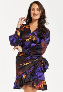Women's Mini Dress with Abstract Print, V Neck, Ruching Front, Balloon Sleeves, Frill Details - Liquorish