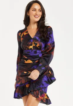 Women's Mini Dress with Abstract Print, V Neck, Ruching Front, Balloon Sleeves, Frill Details - Liquorish