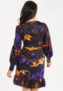 Women's Mini Dress with Abstract Print, V Neck, Ruching Front, Balloon Sleeves, Frill Details - Liquorish