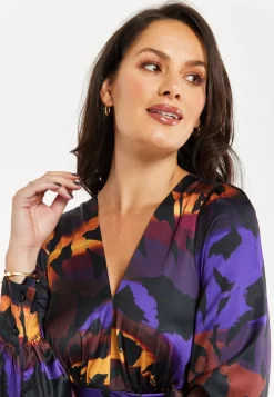 Women's Mini Dress with Abstract Print, V Neck, Ruching Front, Balloon Sleeves, Frill Details - Liquorish