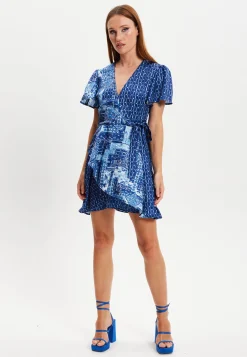 Women's Mini Dress with Angel Sleeves and Scarf Print Tie Waist - Elevate Your Style with Liquorish