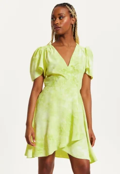Women's Mini Dress with Angel Sleeves in Pistachio - Stylish Wrap Design, Perfect for Any Occasion - Liquorish