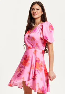 Women's Mini Dress with Angel Sleeves and Floral Print in Pink - Perfectly Chic by Liquorish