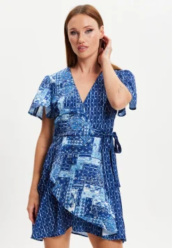 Women's Mini Dress with Angel Sleeves and Scarf Print Tie Waist - Elevate Your Style with Liquorish
