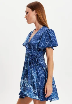 Women's Mini Dress with Angel Sleeves and Scarf Print Tie Waist - Elevate Your Style with Liquorish