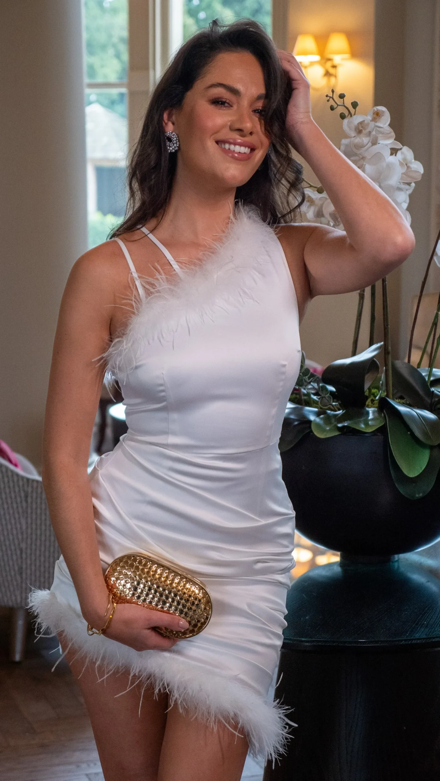 Women's Mini Dress with Asymmetric One Shoulder and Feather Detail in White - Liquorish