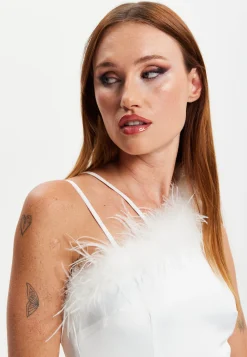 Women's Mini Dress with Asymmetric One Shoulder and Feather Detail in White - Liquorish