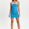 Women's Mini Dress with Bandeau Neckline, Bodycon Fit and Diamond Mesh Fabric in Blue - Liquorish