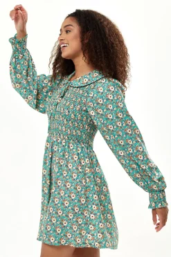 Women’s Mini Dress with Balloon Sleeves in Green featuring Peter Pan Collar - Liquorish