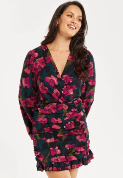Women's Mini Dress with Balloon Sleeves, Floral Print and Front Ruching in Charming Pastel Colors - Liquorish