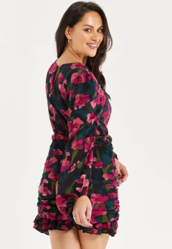 Women's Mini Dress with Balloon Sleeves, Floral Print and Front Ruching in Charming Pastel Colors - Liquorish