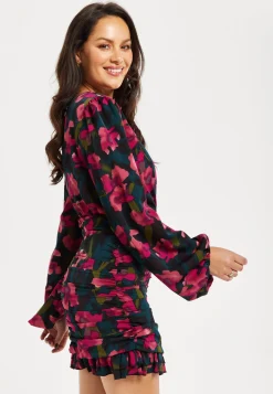 Women's Mini Dress with Balloon Sleeves, Floral Print and Front Ruching in Charming Pastel Colors - Liquorish