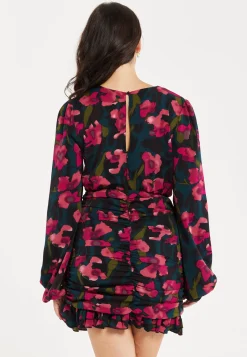 Women's Mini Dress with Balloon Sleeves, Floral Print and Front Ruching in Charming Pastel Colors - Liquorish