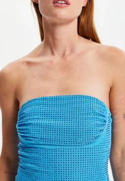 Women's Mini Dress with Bandeau Neckline, Bodycon Fit and Diamond Mesh Fabric in Blue - Liquorish