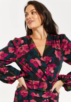 Women's Mini Dress with Balloon Sleeves, Floral Print and Front Ruching in Charming Pastel Colors - Liquorish