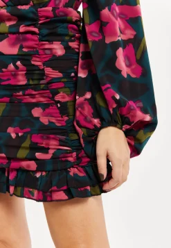 Women's Mini Dress with Balloon Sleeves, Floral Print and Front Ruching in Charming Pastel Colors - Liquorish