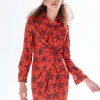 Women's Mini Dress with Collar, Long Sleeves, Twisted Front, and Vibrant Orange Star Print - Liquorish