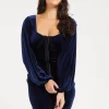 Women's Mini Dress with Corset Detail, Balloon Sleeves, Square Neck, and Velvet in Navy - Regular Fit by Liquorish
