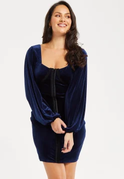 Women's Mini Dress with Corset Detail, Balloon Sleeves, Square Neck, and Velvet in Navy - Regular Fit by Liquorish
