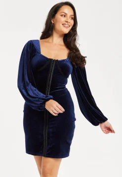 Women's Mini Dress with Corset Detail, Balloon Sleeves, Square Neck, and Velvet in Navy - Regular Fit by Liquorish