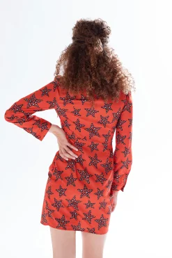Women's Mini Dress with Collar, Long Sleeves, Twisted Front, and Vibrant Orange Star Print - Liquorish