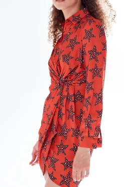 Women's Mini Dress with Collar, Long Sleeves, Twisted Front, and Vibrant Orange Star Print - Liquorish