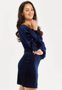 Women's Mini Dress with Corset Detail, Balloon Sleeves, Square Neck, and Velvet in Navy - Regular Fit by Liquorish