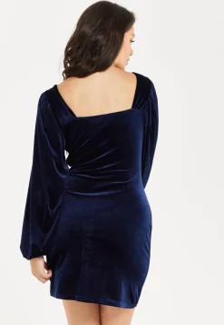 Women's Mini Dress with Corset Detail, Balloon Sleeves, Square Neck, and Velvet in Navy - Regular Fit by Liquorish