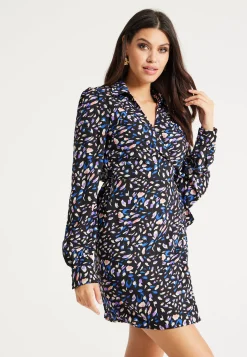 Women's Mini Dress with Flared Sleeves in Black & Multicolour, Stylish Tie-Side Detail, High-Quality Fabric - Liquorish