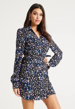 Women's Mini Dress with Flared Sleeves in Black & Multicolour, Stylish Tie-Side Detail, High-Quality Fabric - Liquorish