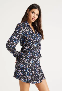 Women's Mini Dress with Flared Sleeves in Black & Multicolour, Stylish Tie-Side Detail, High-Quality Fabric - Liquorish