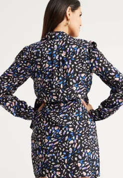 Women's Mini Dress with Flared Sleeves in Black & Multicolour, Stylish Tie-Side Detail, High-Quality Fabric - Liquorish