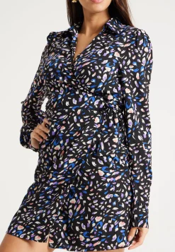 Women's Mini Dress with Flared Sleeves in Black & Multicolour, Stylish Tie-Side Detail, High-Quality Fabric - Liquorish