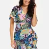 Women's Mini Dress with Frilled Hem, Ruched Detail, Short Sleeves in Multicolour - Liquorish