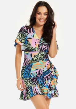 Women's Mini Dress with Frilled Hem, Ruched Detail, Short Sleeves in Multicolour - Liquorish