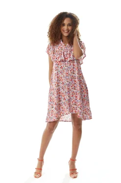 Women's Mini Dress with Frill Details and Short Sleeves in Purple Floral Print - Liquorish