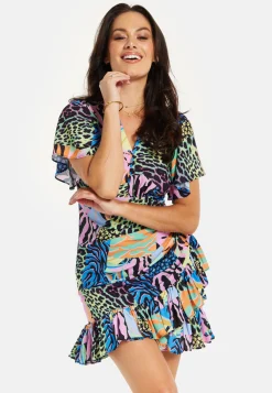 Women's Mini Dress with Frilled Hem, Ruched Detail, Short Sleeves in Multicolour - Liquorish