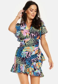 Women's Mini Dress with Frilled Hem, Ruched Detail, Short Sleeves in Multicolour - Liquorish