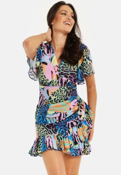 Women's Mini Dress with Frilled Hem, Ruched Detail, Short Sleeves in Multicolour - Liquorish