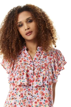 Women's Mini Dress with Frill Details and Short Sleeves in Purple Floral Print - Liquorish