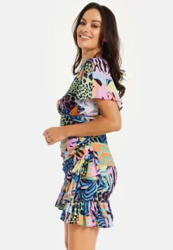 Women's Mini Dress with Frilled Hem, Ruched Detail, Short Sleeves in Multicolour - Liquorish