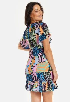 Women's Mini Dress with Frilled Hem, Ruched Detail, Short Sleeves in Multicolour - Liquorish