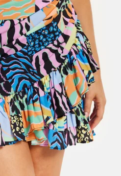Women's Mini Dress with Frilled Hem, Ruched Detail, Short Sleeves in Multicolour - Liquorish