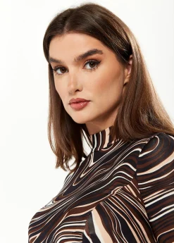 Women's Mini Dress with High Neck, Long Sleeves, Brown Marble Print, Flattering Ruching Detail