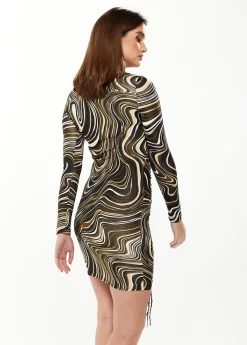 Women's Mini Dress with High Neck, Long Sleeves, Green Marble Print, Flattering Ruching