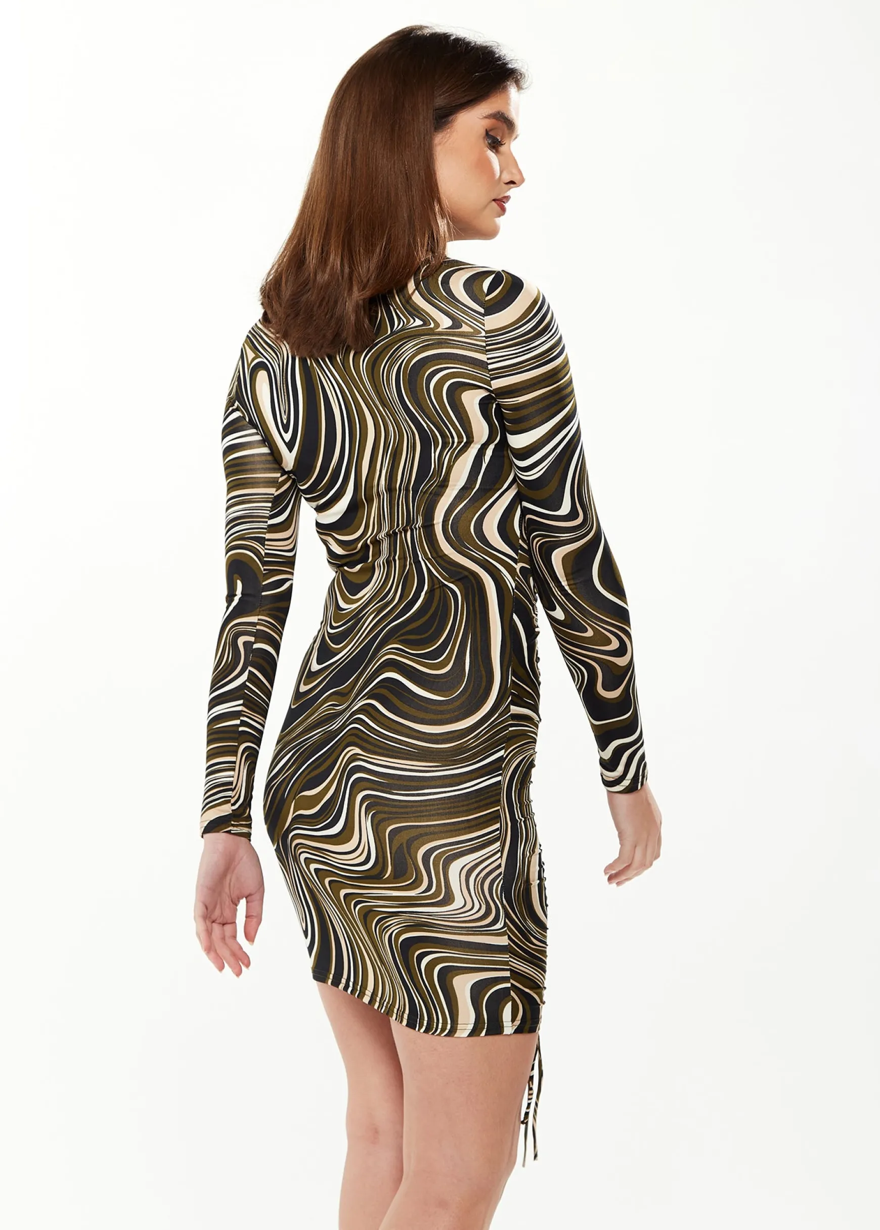Women's Mini Dress with High Neck, Long Sleeves, Green Marble Print, Flattering Ruching