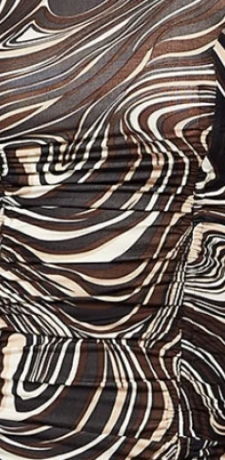 Women's Mini Dress with High Neck, Long Sleeves, Brown Marble Print, Flattering Ruching Detail