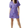 Women's Mini Dress with Knot Front, Floral Print, Short Sleeves, Perfect Fit in Purple - Liquorish