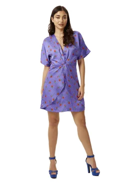 Women's Mini Dress with Knot Front, Floral Print, Short Sleeves, Perfect Fit in Purple - Liquorish